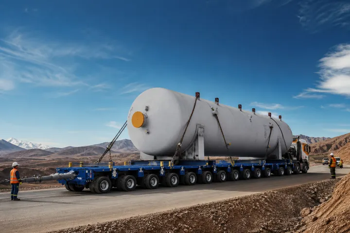 Transporte de un recipiente industrial de gran tamaño sobre un equipo modular.