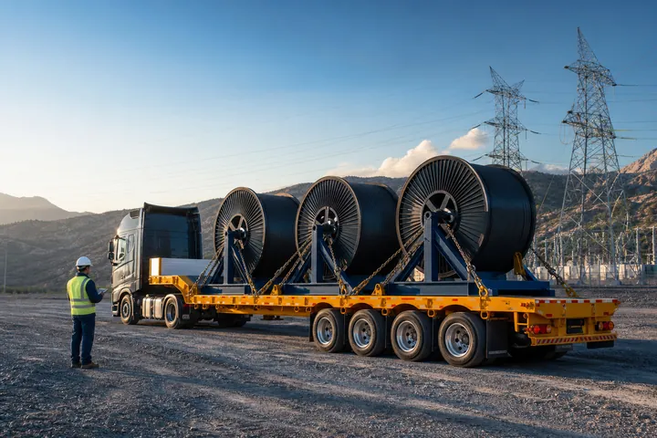 Carretes de cable asegurados sobre plataforma junto a líneas de transmisión.