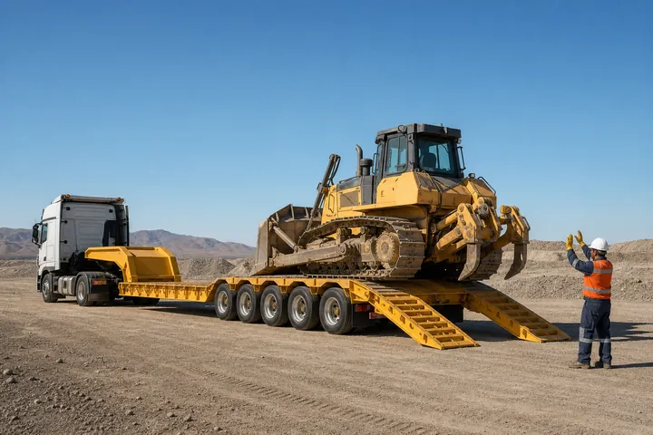 Bulldozer sobre una cama baja con rampas desplegadas y personal de apoyo.