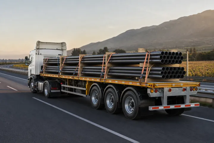 Camión de plataforma que transporta tuberías aseguradas en una carretera.