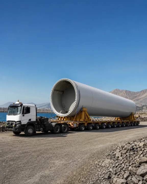 Transporte de una sección tubular de torre eólica sobre equipo modular.