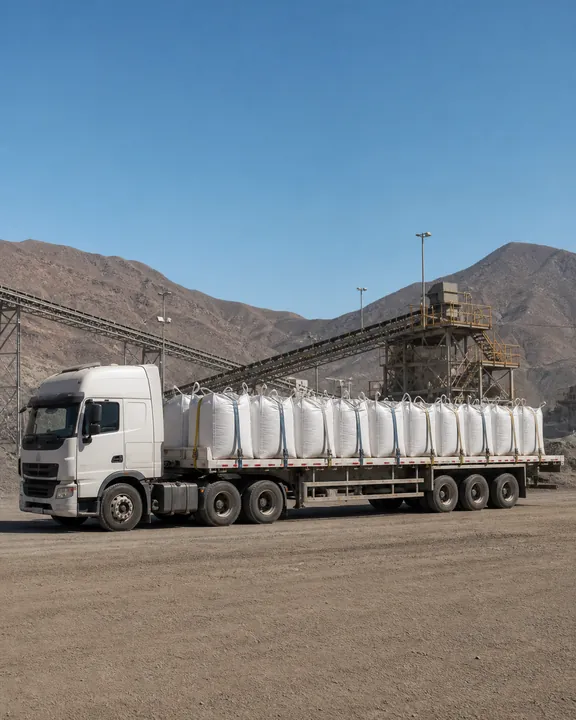 Transporte de sacos FIBC en una plataforma junto a instalaciones industriales.